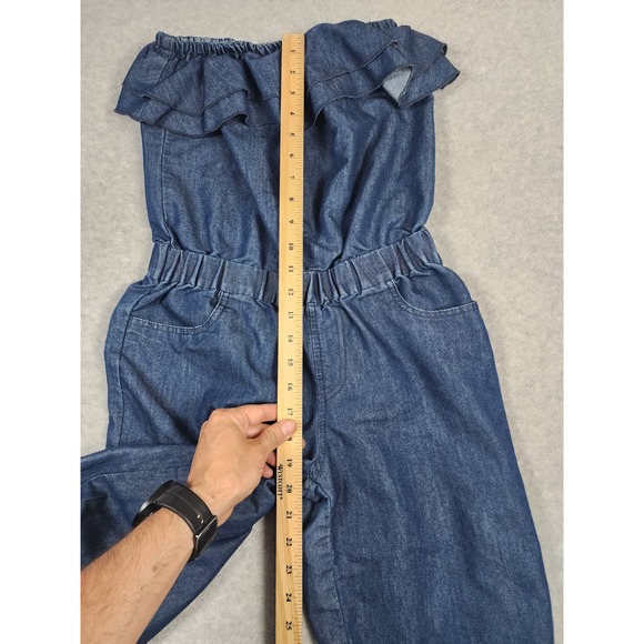 Gold Drama Girl's Sz M VTG Y2k Chambray Elastic Waist Strapless Jumpsuit - Picture 10 of 13